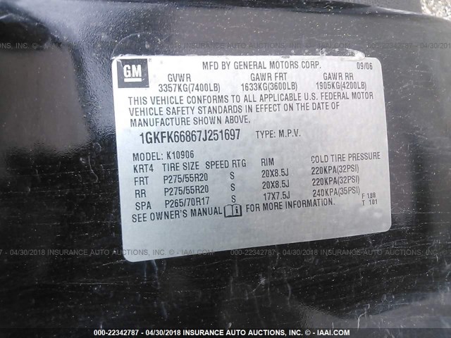 1GKFK66867J251697 - 2007 GMC YUKON XL DENALI BLACK photo 9