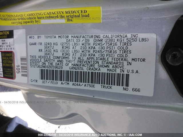 5TETU62N69Z659629 - 2009 TOYOTA TACOMA PRERUNNER ACCESS CAB SILVER photo 9