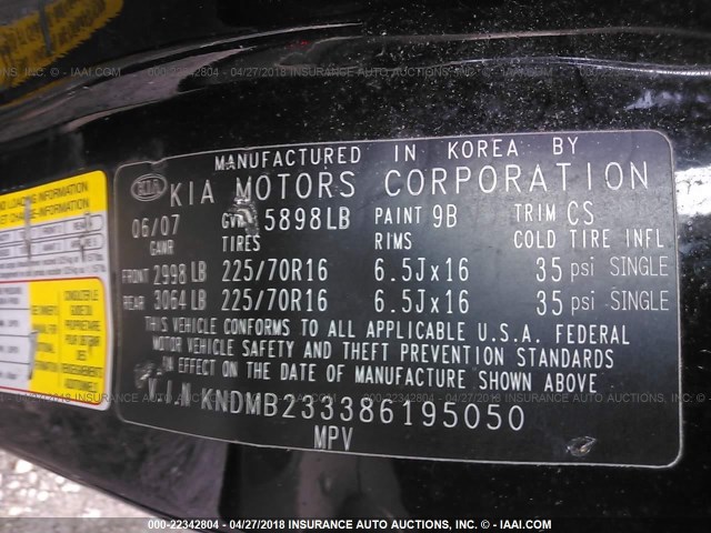 KNDMB233386195050 - 2008 KIA SEDONA EX/LX BLACK photo 9