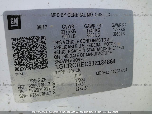 1GCRCREC9JZ134864 - 2018 CHEVROLET SILVERADO C1500 LT Weiß Foto 9