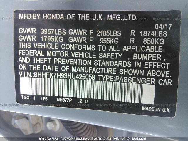 SHHFK7H93HU425059 - 2017 HONDA CIVIC SPORT TOURING Light Blue photo 9