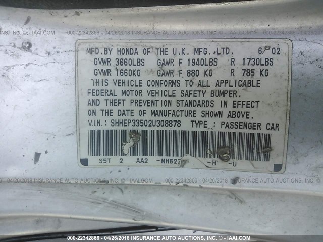 SHHEP33502U308878 - 2002 HONDA CIVIC SI SILVER photo 9