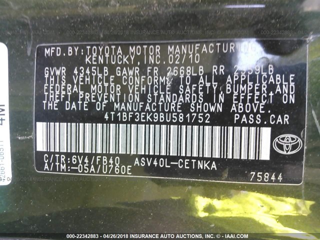 4T1BF3EK9BU581752 - 2011 TOYOTA CAMRY SE/LE/XLE GREEN photo 9