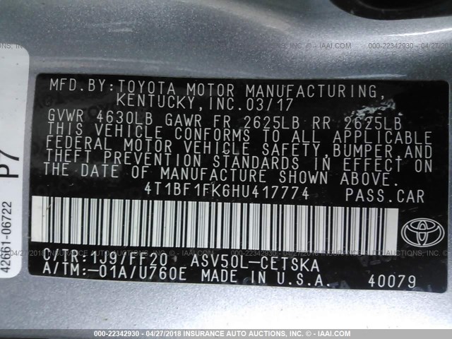 4T1BF1FK6HU417774 - 2017 TOYOTA CAMRY LE/XLE/SE/XSE SILVER photo 9