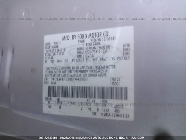 1FTLR4FE9BPA45980 - 2011 FORD RANGER SUPER CAB SILVER photo 9