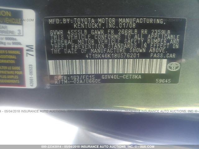 4T1BK46K18U576201 - 2008 TOYOTA CAMRY LE/XLE/SE 灰色 照片 9