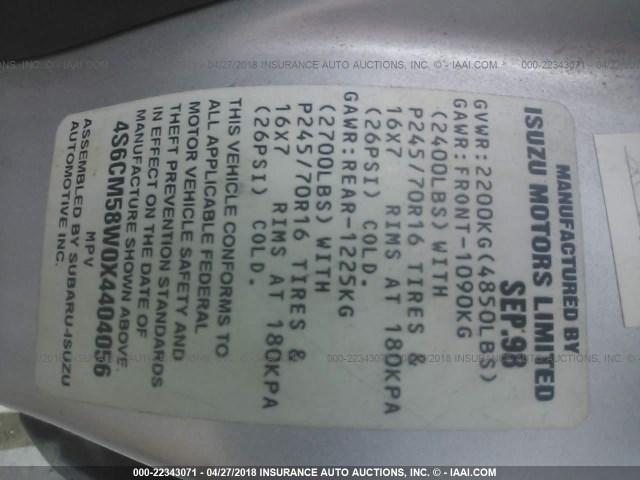 4S6CM58W0X4404056 - 1999 HONDA PASSPORT EX/LX 银色 照片 9