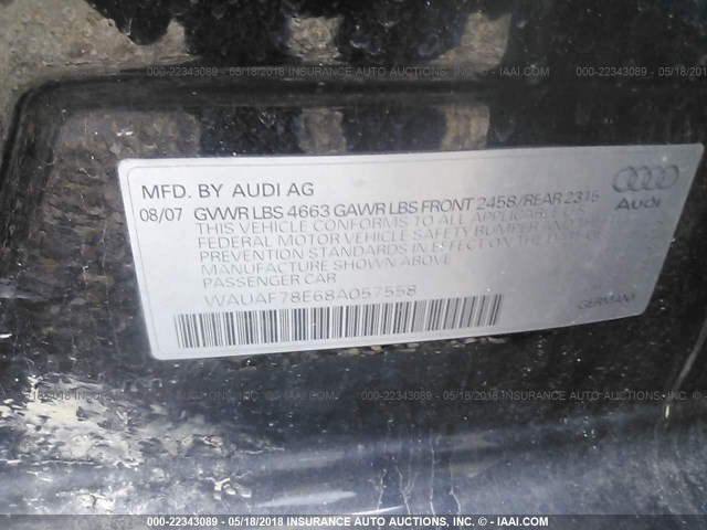 WAUAF78E68A057558 - 2008 AUDI A4 2.0T BLACK photo 9