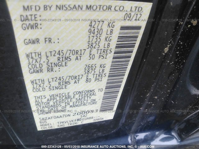 5BZAF0AA7DN200053 - 2013 NISSAN NV 3500/S/SV/SL BLUE photo 9