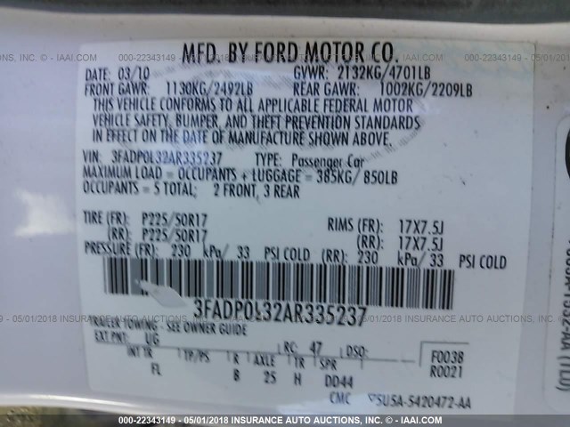 3FADP0L32AR335237 - 2010 FORD FUSION HYBRID WHITE photo 9