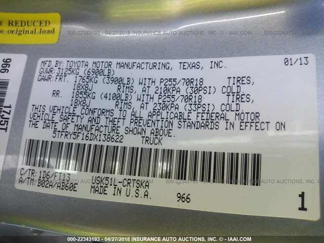 5TFRY5F16DX138622 - 2013 TOYOTA TUNDRA DOUBLE CAB SR5 SILVER photo 9