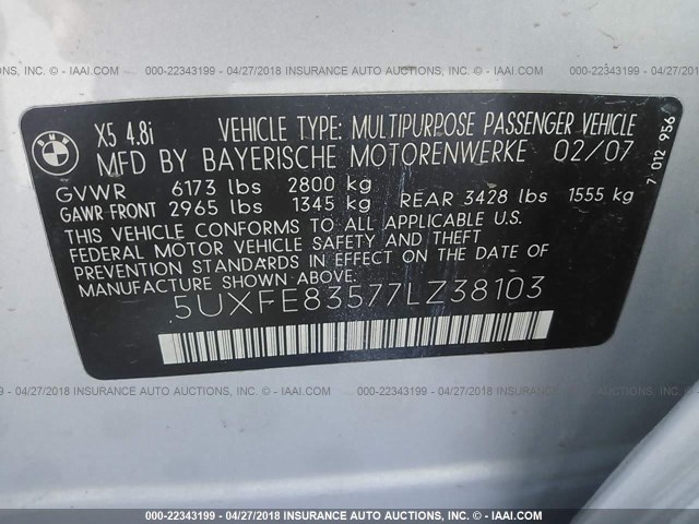 5UXFE83577LZ38103 - 2007 BMW X5 4.8I SILVER photo 9