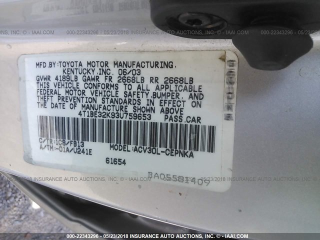 4T1BE32K93U759653 - 2003 TOYOTA CAMRY LE/XLE/SE 银色 照片 9