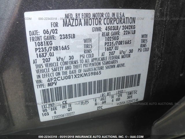 4F2CU081X2KM59865 - 2002 MAZDA TRIBUTE LX/ES 灰色 照片 9