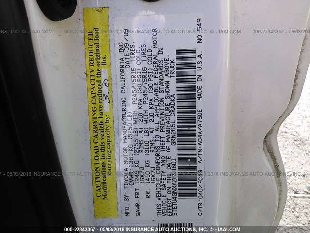 5TETU4GNXAZ691601 - 2010 TOYOTA TACOMA PRERUNNER ACCESS CAB WHITE photo 9