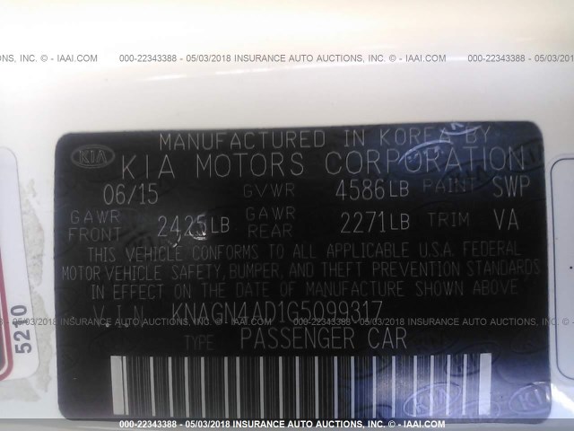 KNAGN4AD1G5099317 - 2016 KIA OPTIMA HYBRID WHITE photo 9