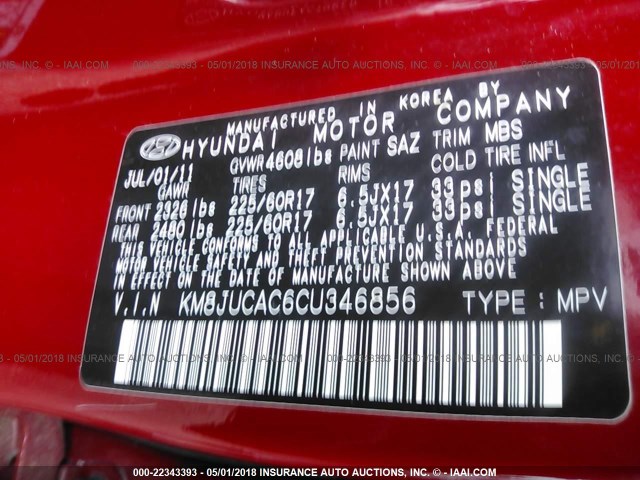 KM8JUCAC6CU346856 - 2012 HYUNDAI TUCSON GLS/LIMITED 红色 照片 9