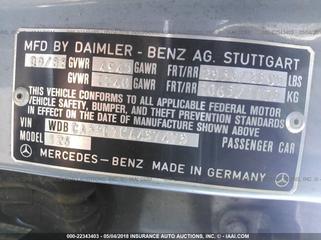 WDBCA35E7KA437473 - 1989 MERCEDES-BENZ 420 SEL Light Blue photo 9