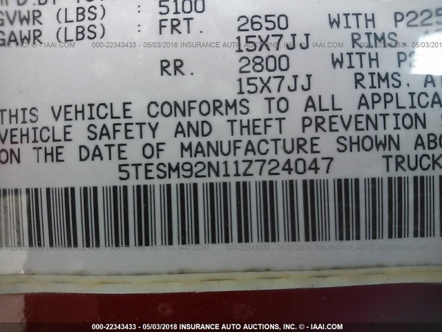 5TESM92N11Z724047 - 2001 TOYOTA TACOMA XTRACAB PRERUNNER წითელი ფოტო 9