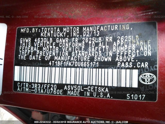 4T1BF1FK7DU665171 - 2013 TOYOTA CAMRY L/SE/LE/XLE 红色 照片 9
