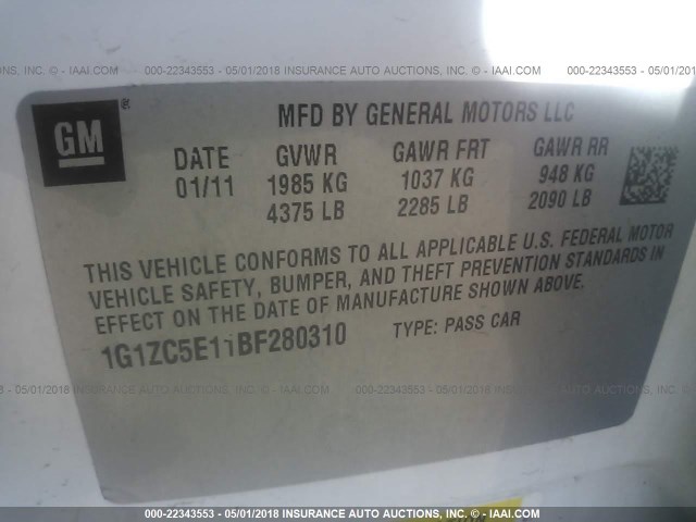 1G1ZC5E11BF280310 - 2011 CHEVROLET MALIBU 1LT 白色 照片 9