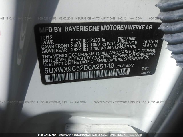 5UXWX9C52D0A25149 - 2013 BMW X3 XDRIVE28I WHITE photo 9