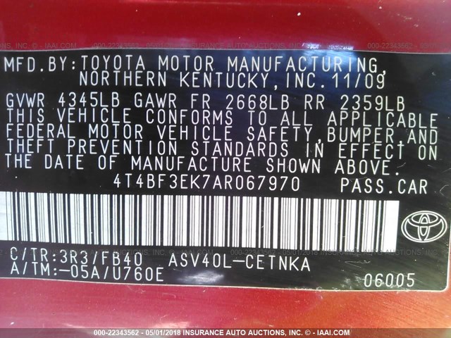 4T4BF3EK7AR067970 - 2010 TOYOTA CAMRY SE/LE/XLE 红色 照片 9