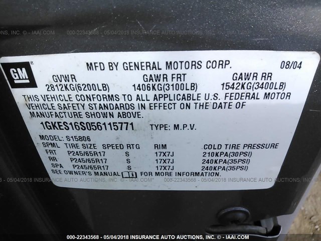 1GKES16S056115771 - 2005 GMC ENVOY XL GRAY photo 9