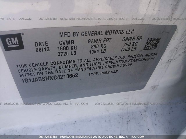 1G1JA5SHXC4210662 - 2012 CHEVROLET SONIC LS 白色 照片 9