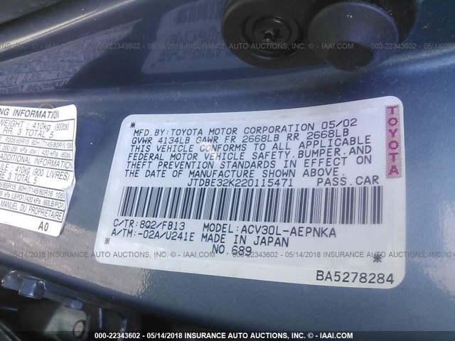 JTDBE32K220115471 - 2002 TOYOTA CAMRY LE/XLE/SE ლურჯი ფოტო 9