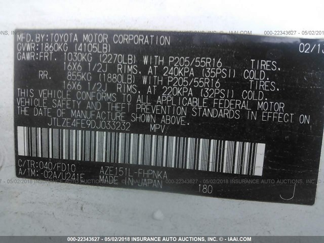 JTLZE4FE9DJ033232 - 2013 TOYOTA SCION XB WHITE photo 9