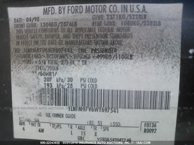 1LNFM97V6WY697541 - 1998 LINCOLN CONTINENTAL  Czarny zdjęcie 9