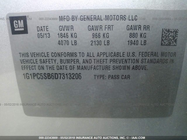 1G1PC5SB6D7313206 - 2013 CHEVROLET CRUZE LT GRAY photo 9