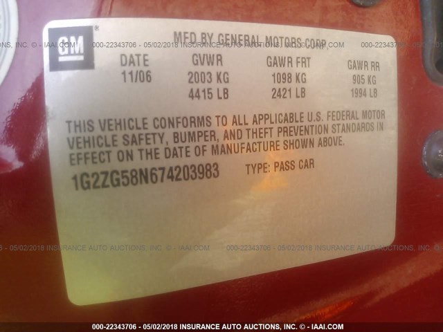 1G2ZG58N674203983 - 2007 PONTIAC G6 SE RED photo 9