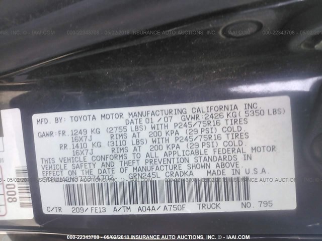 5TEUU42N37Z374702 - 2007 TOYOTA TACOMA ACCESS CAB BLACK photo 9