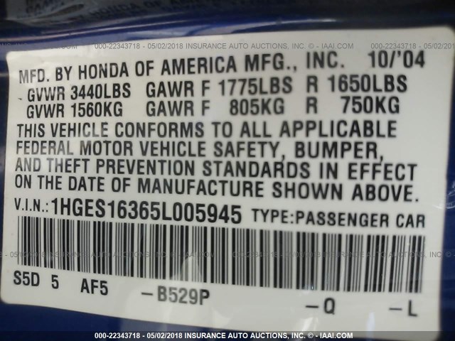 1HGES16365L005945 - 2005 HONDA CIVIC DX VP Mavi foto 9