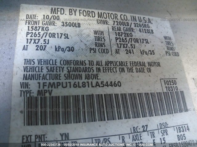 1FMPU16L81LA54460 - 2001 FORD EXPEDITION XLT ვერცხლისფერი ფოტო 9