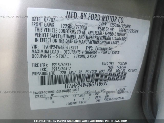 1FAHP24W48G118991 - 2008 FORD TAURUS SEL SILVER photo 9