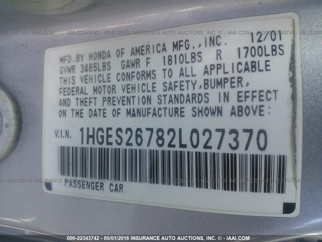 1HGES26782L027370 - 2002 HONDA CIVIC EX SILVER photo 9