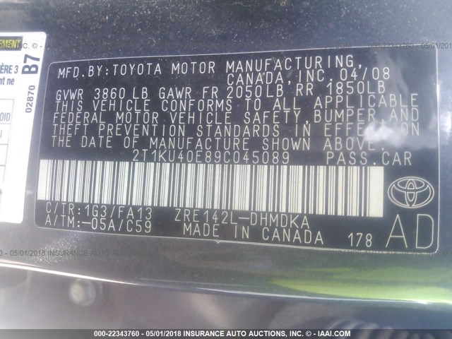 2T1KU40E89C045089 - 2009 TOYOTA COROLLA MATRIX  GRAY photo 9