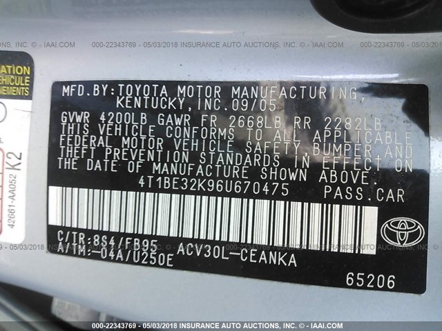 4T1BE32K96U670475 - 2006 TOYOTA CAMRY LE/XLE/SE Light Blue photo 9