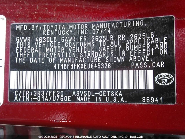 4T1BF1FKXEU845326 - 2014 TOYOTA CAMRY L/SE/LE/XLE 勃艮第红 照片 9
