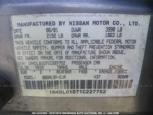 1N4DL01D71C227752 - 2001 NISSAN ALTIMA XE/GXE/SE TAN photo 9