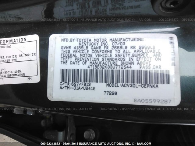 4T1BE32K33U772544 - 2003 TOYOTA CAMRY LE/XLE/SE მწვანე ფოტო 9