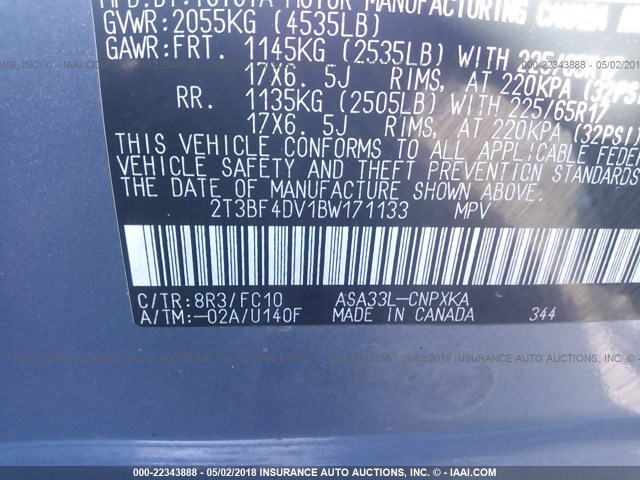 2T3BF4DV1BW171133 - 2011 TOYOTA RAV4 BLUE photo 9