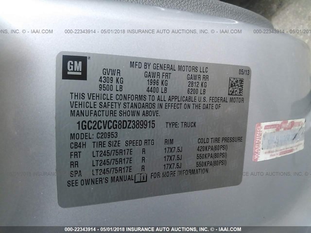 1GC2CVCG8DZ389915 - 2013 CHEVROLET SILVERADO C2500 HEAVY DUTY SILVER photo 9