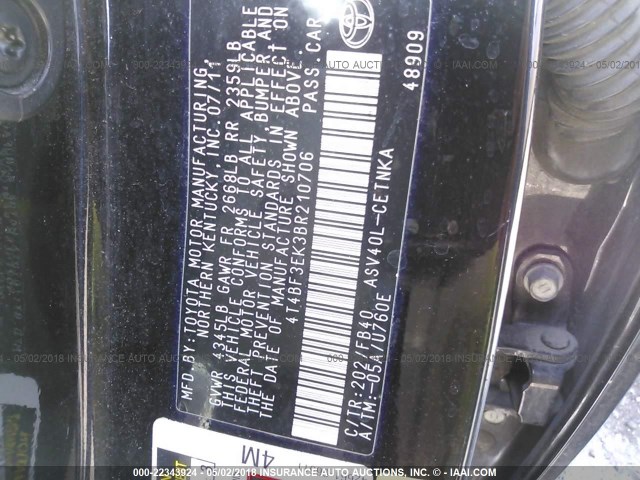 4T4BF3EK3BR210706 - 2011 TOYOTA CAMRY SE/LE/XLE BLACK photo 9