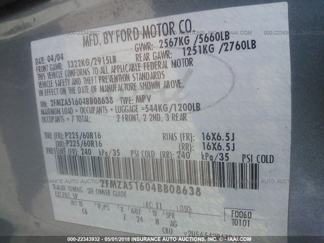 2FMZA51604BB08638 - 2004 FORD FREESTAR SE BLUE photo 9