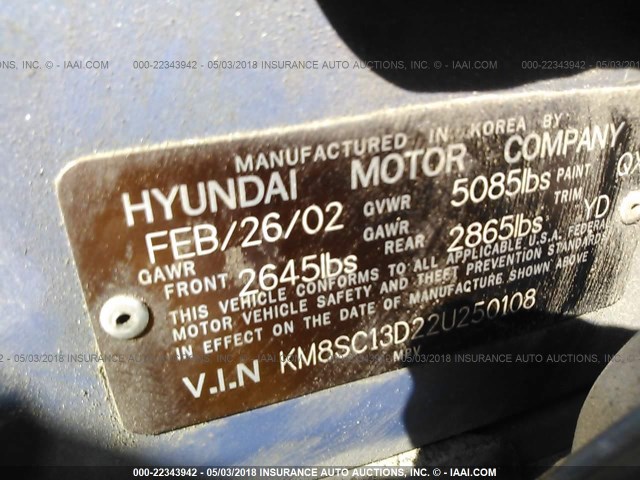 KM8SC13D22U250108 - 2002 HYUNDAI SANTA FE GLS/LX BLUE photo 9