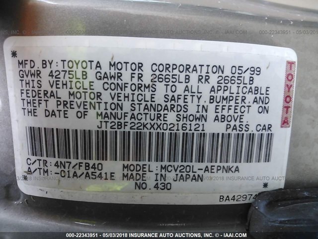 JT2BF22KXX0216121 - 1999 TOYOTA CAMRY LE/XLE GOLD photo 9